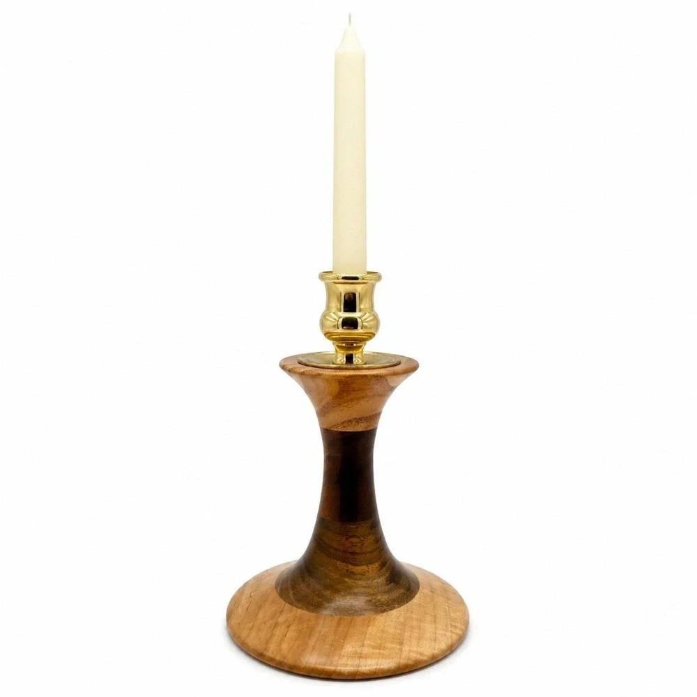 Turned Wood Brass Candlestick The Final Turn Artisan Signed Adirondack NY ~ 7